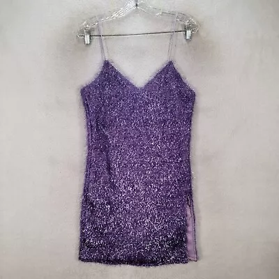 One Above Another Womens Dress Size 4 Metallic Purple Tinsel Disco Micro Mini • $16.95