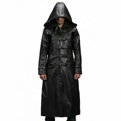 Men's Huntsman Black Hooded Leather Trench Coat - All Sizes • $89.99