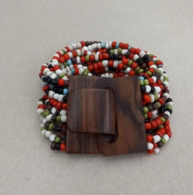 Gerda Lynggaard Unique Monies Style Wood & Colorful Seed Bead Bracelet • $14.99