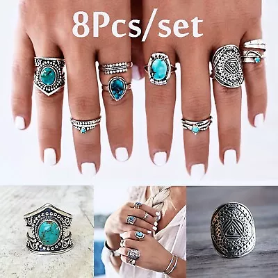 8 Piece Vintage  Ring Set Gemstone Boho Finger Rings Women's Middle Finger • $13.63