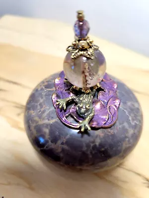 Goldtone Metal Frog/Purple Lily Pad With Crystal Ball On Frog Marble Trinket Box • $11.50