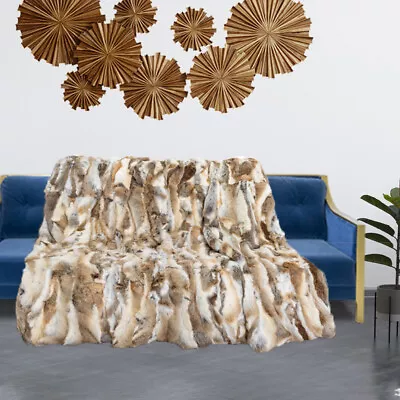 Real Fur Throw Luxury Rabbit Blanket Sofa Warm Bedspread Straw Yellow 140x160cm • $123.49