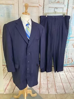 Stacy Adams Super 100's Navy Blue Pinstripe Two Piece Suit 48L 41Wx29L Men's • $45