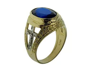 Cross Jesus Crucifix Religious Oval Blue New Men Ring 14k Gold 8.3 Gr Size 10 • £687.93