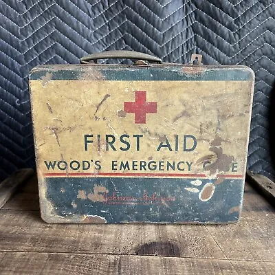 Vintage Wood's Emergency First Aid Kit Metal Case Vintage Car Gas Oil Medical • $41.95