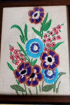Vintage Handmade Floral Needlepoint Framed Picture. Purple/blues/pink/greens/ • $9.99
