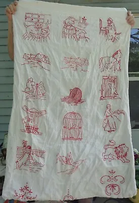 $49.99 • Buy Antique Red Work Embroidery Crib Coverlet Folk Art Animals Cats