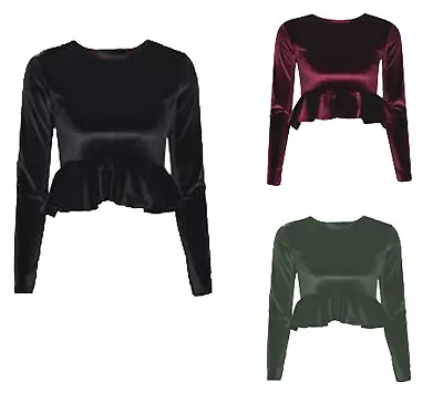 Ladies Velvet Frill Crop Top Long Sleeve Scoop Neck Womens Bralet Vest 8-14 • £5.49