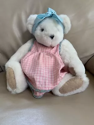 Vermont Teddy Bear Company Pregnancy Bear Jointed Pink Dress With Blue Bow • $25