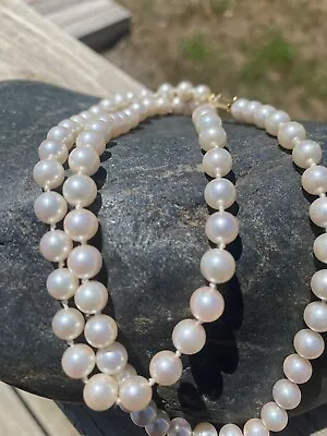 VINTAGE Estate Find PEARL NECKLACE 24” HAND TIED SINGLE STRAND 14K GOLD CLASP • $149
