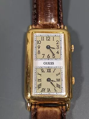 Vintage Guess 1997 Gold Multi-Dial Rectangle Case Brown Leather Band Tank Watch • $41.99