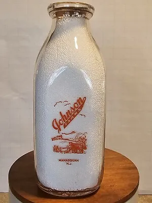 Tall Sq Pyro Quart Milk Bottle Johnson Farms Manasquan NJ New Jersey • $29