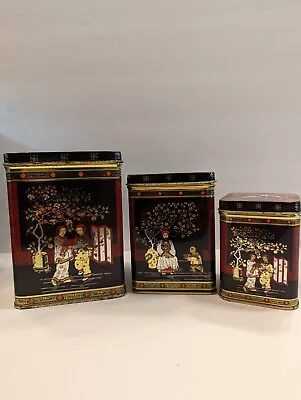 VTG Lot Of 3 Nesting Tea Tins Oriental Made In Hong Kong 5.5 4.5 3.5  • $22.50