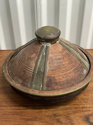 Vintage Brass Metal And Decorative Moroccan Antique Clay Tagine • $139.99