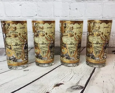 Vintage Cera Old World Map Set Of 4 Mid Century Highball Glasses 22 Karat Gold • $85