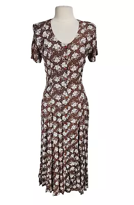 STARINA Womens Button Up Maxi Dress Size M Brown Floral Crew Neck Short SLV 150P • $45.99