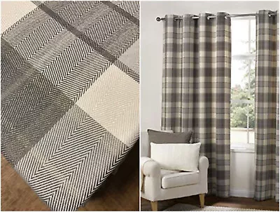 £22.99 • Buy Highland Check Ring Top Curtains Woven Natural Colours Eyelets For Pole Hanging