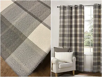 Highland Check Ring Top Curtains Woven Natural Colours Eyelets For Pole Hanging • £22.99