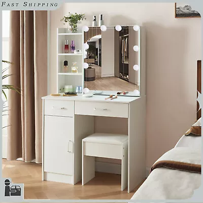 Dressing Table Stool Set Bedroom Makeup Desk W/ Lights Mirror Drawers & Cabinet • £132.88