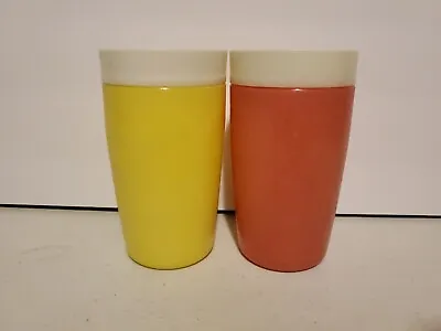 Vtg Bolero Therm-O-Ware Insulated Plastic Tumblers Tall Lot Of 2 Pink & Yellow • $14.90