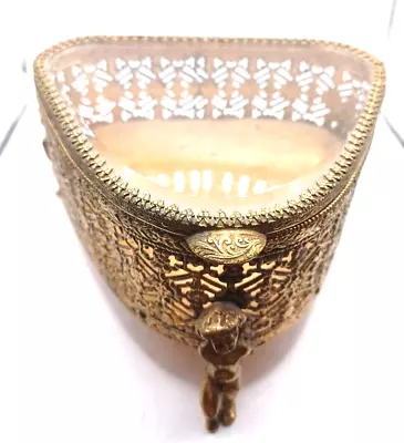 Vintage Ormolu Triangle Gold Filigree Beveled Glass Velvet Jewelry Casket  • $42