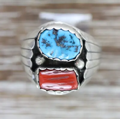 Vintage Men's Indian Native Am Sterling Silver 925 Turquoise Coral Ring 10.75 • $108.80