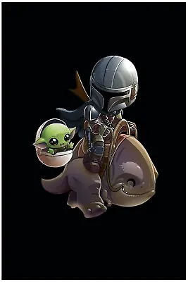 Baby Yoda Next To Mandalorian Poster Black Background 12x18in Free Shipping • $9.95