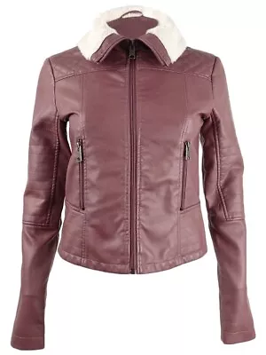 Coffee Shop Juniors Faux Fur-Collar Moto Jacket (Mauve XS) • $19.99