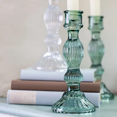 Green Glass Bella Candlestick 20cm Vintage Dinner Taper Candle Stick Holder • £15.95