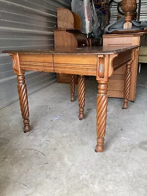 Antique Square Kitchen Vintage Farmhouse Oak Table Barley Twist 5 Leg No Leaves • $850