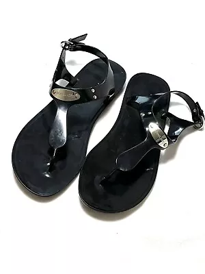 MICHAEL Michael Kors Jellies Black MK Plate T-Strap Thong Sandals 9M • $20