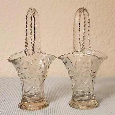 Set Of 2 Vintage Clear Cut Glass Decorative Wedding Baskets W/Handles 7.5  Tall • $8.99