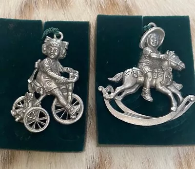 Vintage Pewter Port 1994 Ornaments Girl Riding Bike And Boy On Rocking Horse • £28.22