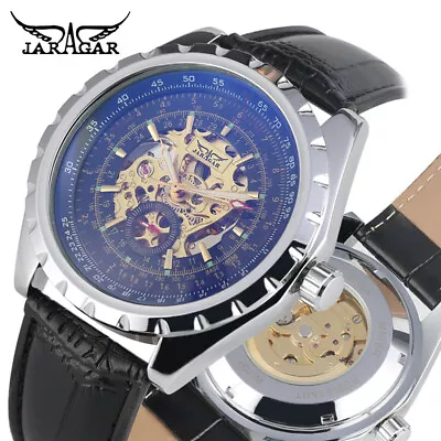 JARAGAR Black Leather Band Men Business Automatic Mechanical Wrist Watch Gift • £20.96