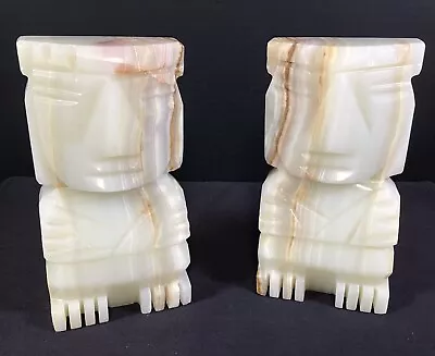 TIKI TOTEM AZTEC MAYAN HAND CARVED ALABASTER MARBLE STATUE BOOKENDS PAIR 8 In • $49.99