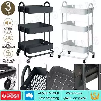 3 Tier Kitchen Trolley Cart Utility Rolling Storage Rack With Brake Wheels • $32.95