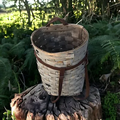 Vintage Adirondack Pack Trapper Basket Split Wood Canvas Handles￼ Large 25” Read • $249.25