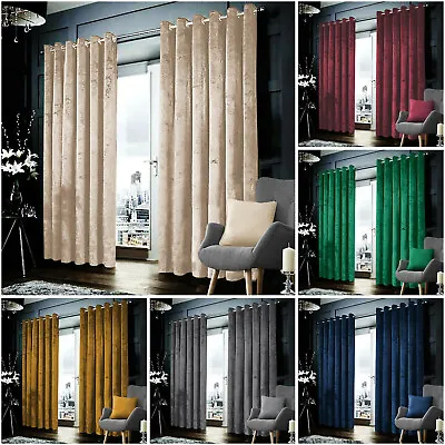 Blackout Crushed Velvet Curtains Eyelet Ring Top Ready Made Lined Pair Curtains • £35.19