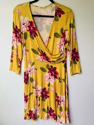 Women's Oddy Yellow Floral Knit V Neck Anthropologie Swing Dress 1/2 Wrap Sz L • $35.99