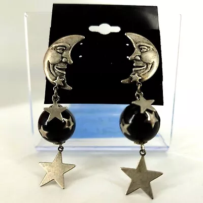 Black Silver Moon Stars Earrings Dangle Bead 2.5  Post Jewelry Silver Plated • $17.99