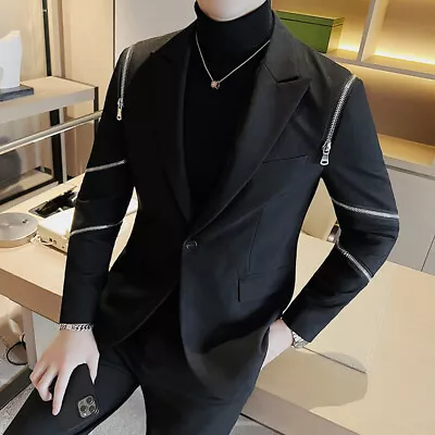 Men Zip Design Suit Blazer Peak Lapel Dress Jacket Top Coat Casual Cool Classic • $70.20