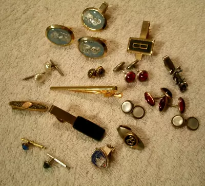 21 Pc Antique/Vintage Cuff Links Tie Bars/Clips Men's Jewelry MOP Intaglio Glass • $4.99