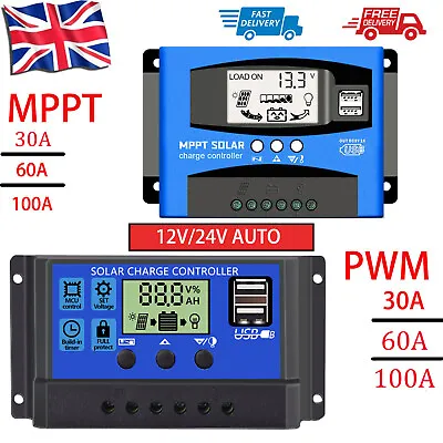 Solar Panel Battery Charge 30/60/100A Controller 12V/24V LCD Regulator Dual USB • £16.79