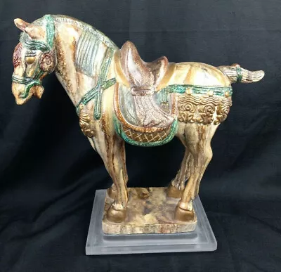 18  Rare Old Chinese Tang Porcelain Dynasty War Horse Animal Statue Acrylic Base • £318.48