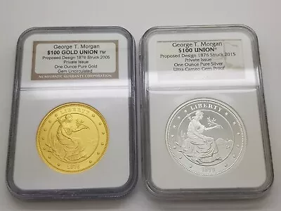 Set Of 1876 George T. Morgan $100 Union 1oz Of Pure Gold & Silver Proof NGC • $2750