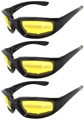 3 PAIR COMBO Padded Sunglasses Motorcycle Riding Glasses 3 Yellow Night Driving • $20.99