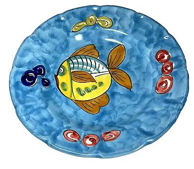 NEW Vietri Italy Campagna Solimene Yellow FISH Ocean Blue Beachy 9.5” Pasta Bowl • $18.99