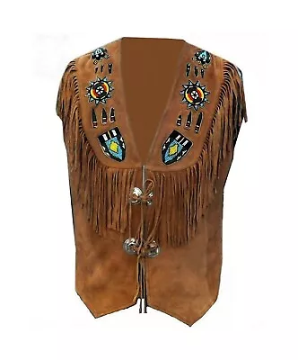 Men Suede Leather Western Style Vest Fringed & Beaded Waistcoat Brown - AU • $135.99