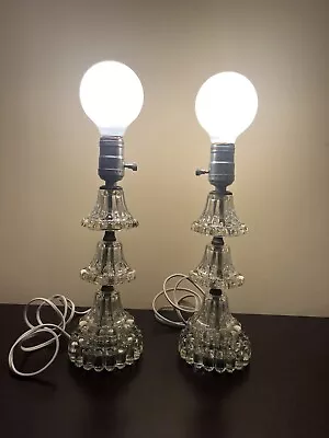 Vintage Pair Of Hobnail Crystal Clear Glass Table Lamps Bedside 12” WORKS GREAT! • $39.99