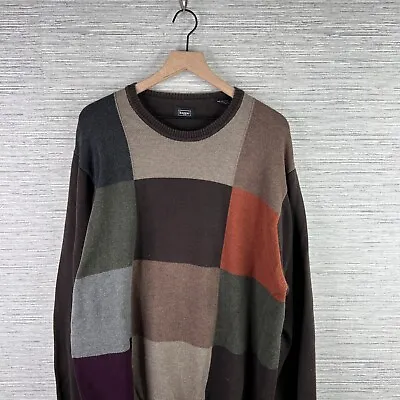 VINTAGE Grandpa Sweater Mens 2XL Brown Crewneck Knit Geometric Grunge Y2k Retro • $28.88